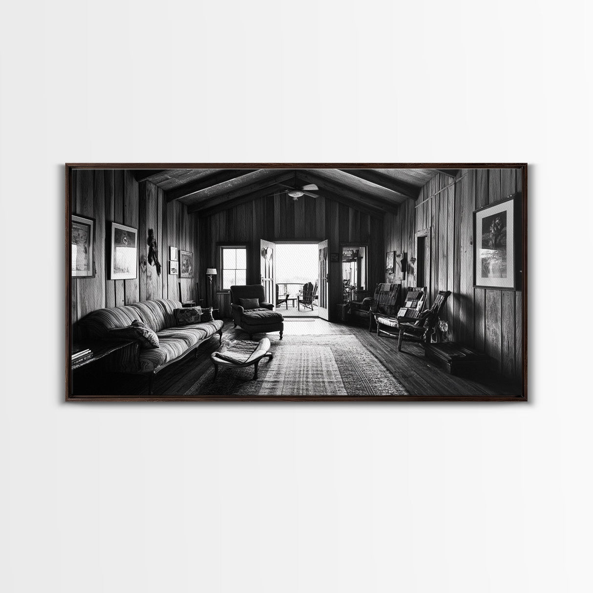 Cozy Cabin Interior, Rustic Living Space, Wood Wall Charm, Canvas Print, Country Living Room Art, Americana Wall Photography