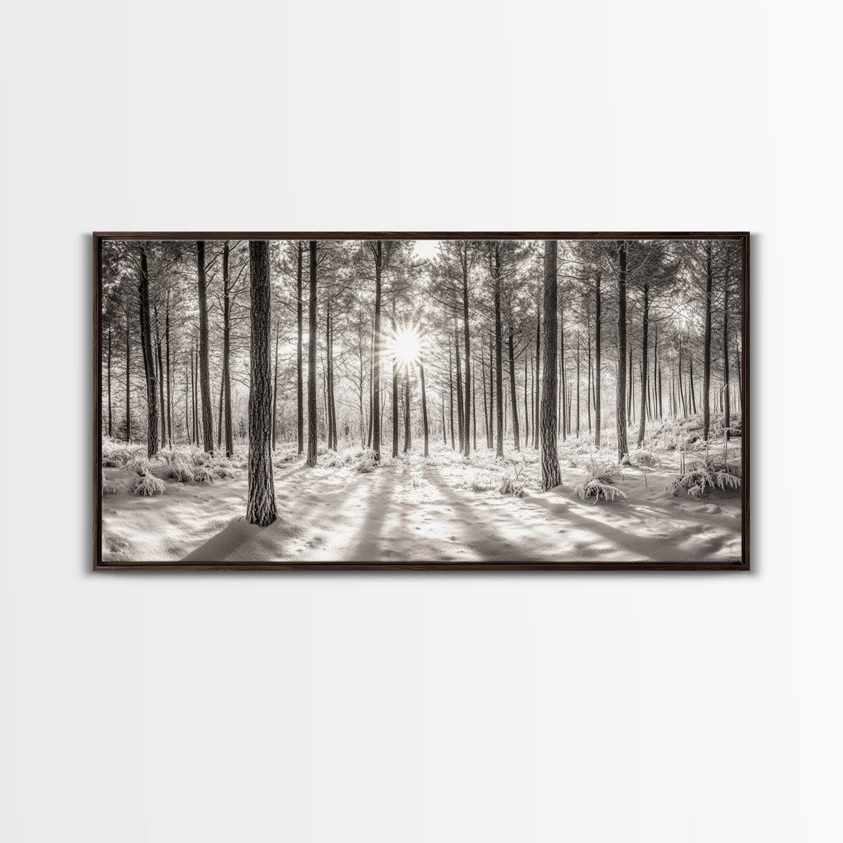 Winter Pine Forest, Sunlight Snow Trees, Nature Landscape Photography, Framed Canvas Print, Cabin Decor, Minimalist Wall Art