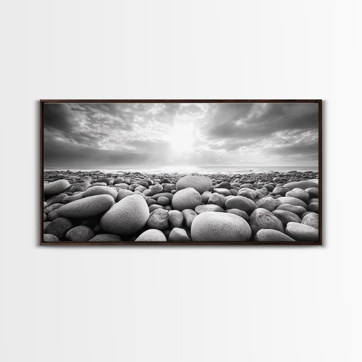 Pebble Beach Sunrise, Serene Rock Shore, Ocean Horizon Light, Framed Canvas Print, Bathroom Wall Art, Minimalist Coastal Decor