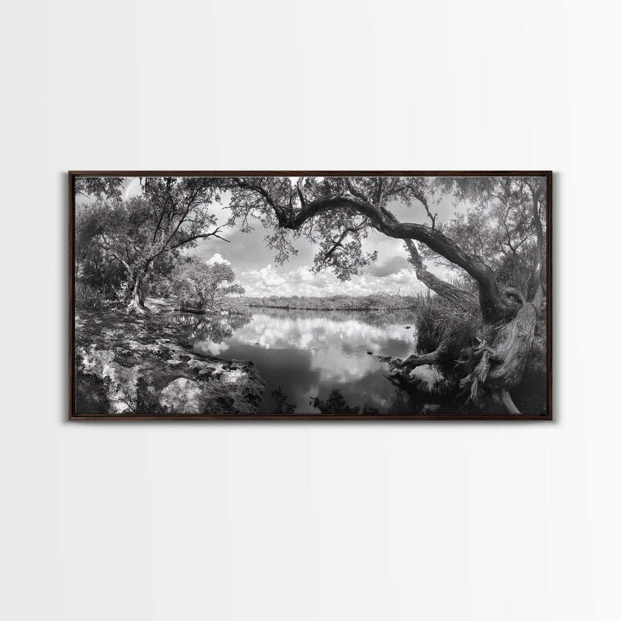 Tree Arch Reflection, Tranquil River View, Nature Canopy Water, Framed Canvas Print, Bedroom Wall Art, Zen Landscape Art, Cabin Decor
