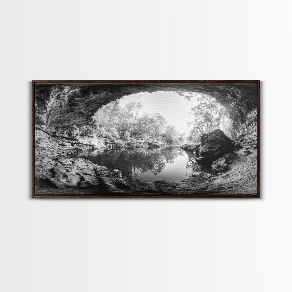 Cave Entrance Lake, Hidden Forest View, Rock Reflection Water, Canvas Print, Hallway Wall Art, Adventure Wilderness Decor, Minimalist Style