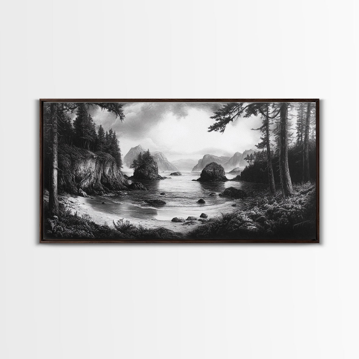 Coastal Forest View, Mountain Sea Horizon, Romantic Nature Scene, Framed Canvas Print, Living Room Wall Art, Vintage Landscape