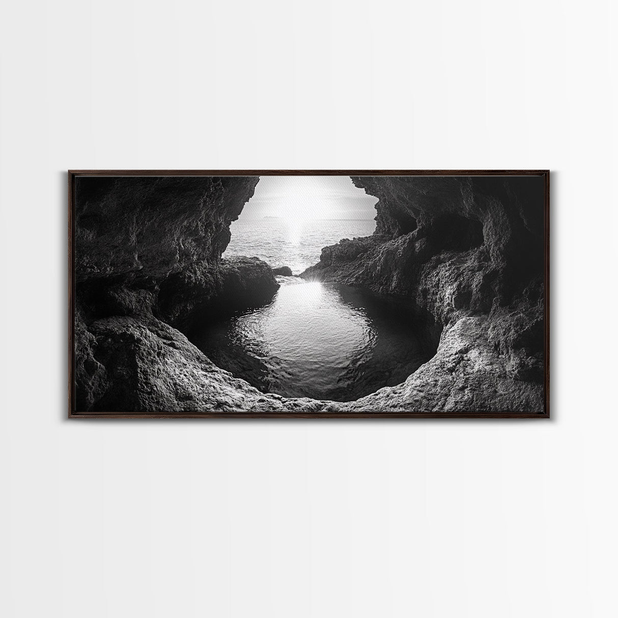 Ocean Cave Sunset, Seascape Art, Black and White Photography, Coastal Decor, Minimalist Style, Canvas Print, Bathroom Wall Art