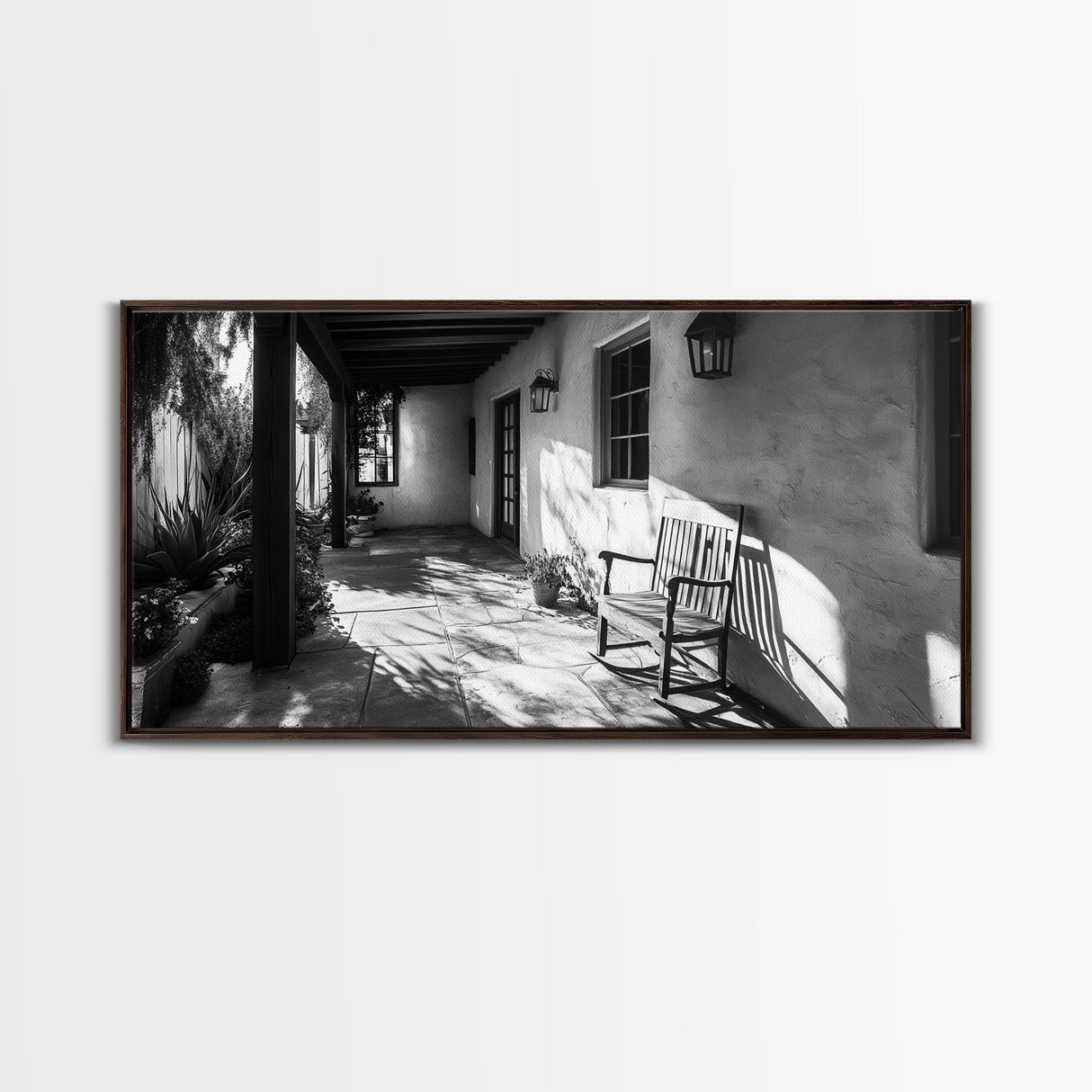 Porch Shadows Light, Rustic Patio, Black and White Decor, Farmhouse Entryway, Framed Canvas Print, Country Kitchen Wall Art, Bedroom Wall Art