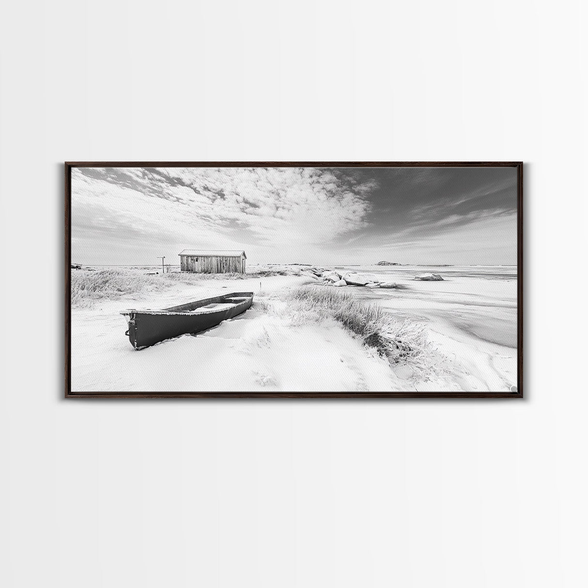 Snowy Coastal Boat, Rustic Winter Landscape, Farmhouse Wall Art, Neutral Tones, Canvas Print, Entryway or Fall Seasonal Decor