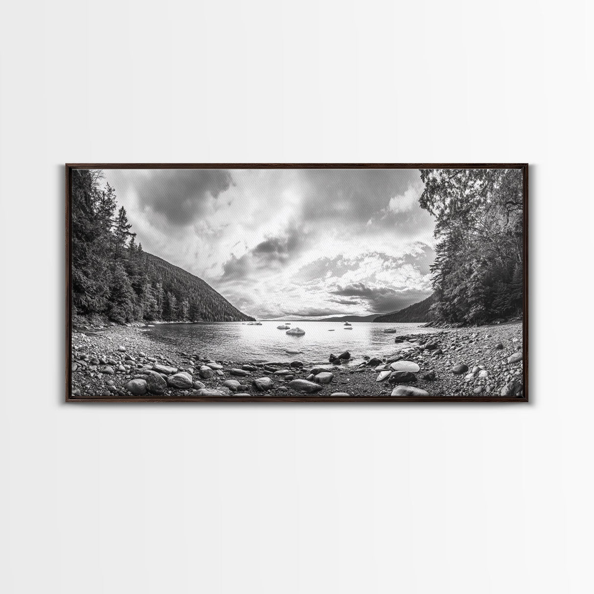 Forest Lake Serenity, Monochrome Nature, Tranquil Landscape, Canvas Print, Lodge Wall Art, Minimalist Cabin Decor, Black White