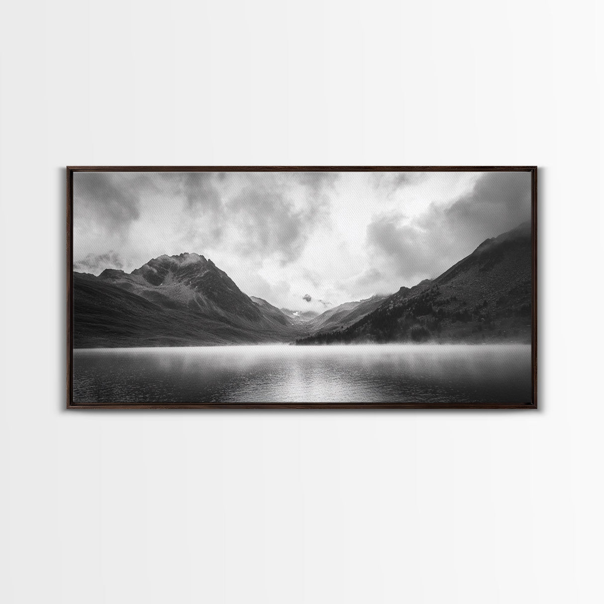 Mountain Lake, Misty Valley, Nature Serenity, Moody Landscape, Framed Canvas Print, Living Room Wall Art, Rustic Cabin Aesthetic