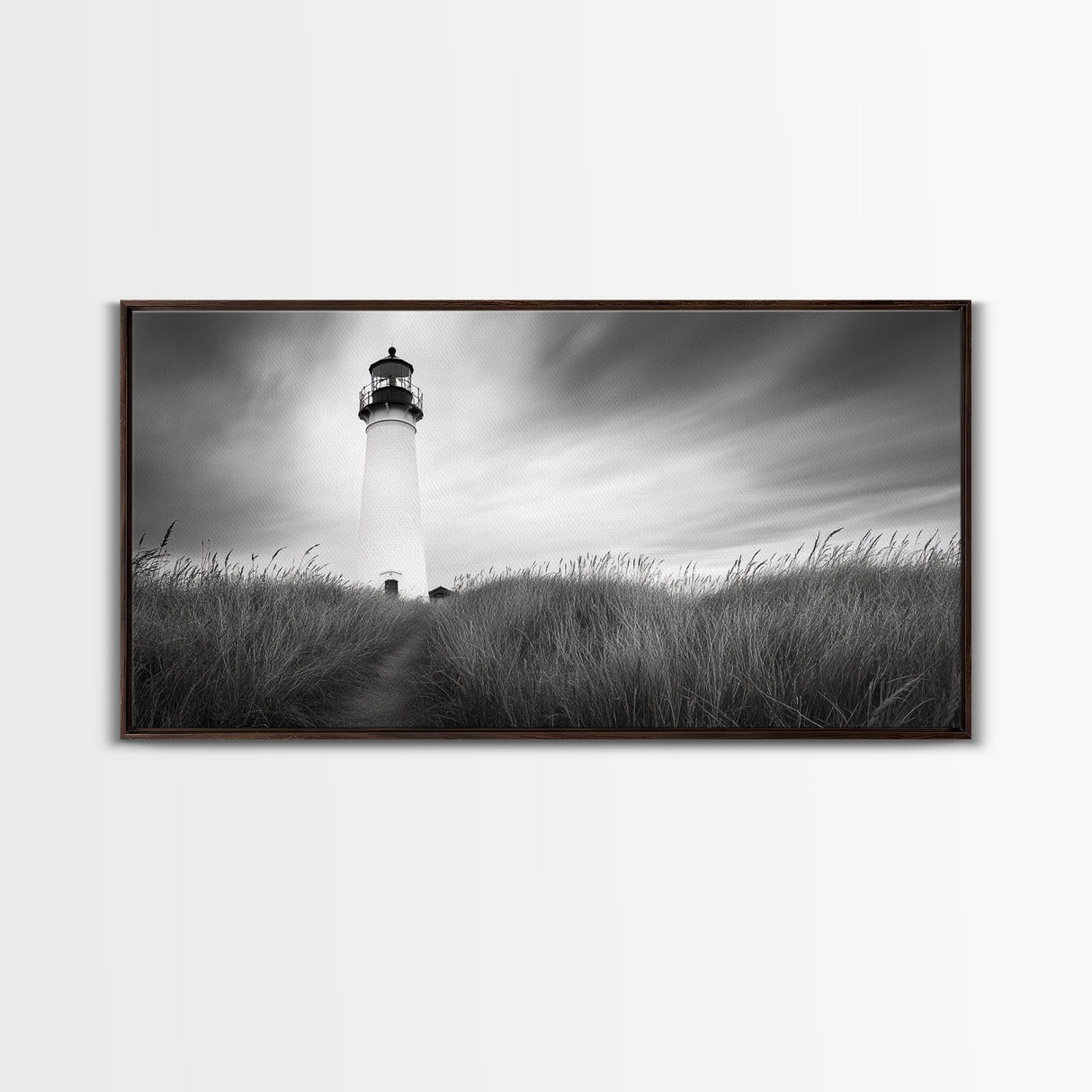 Lighthouse Grass, Seaside Tower, Stormy Sky, Black White, Framed Canvas Print, Beach Bathroom Art, Minimalist Decor, Nautical Print