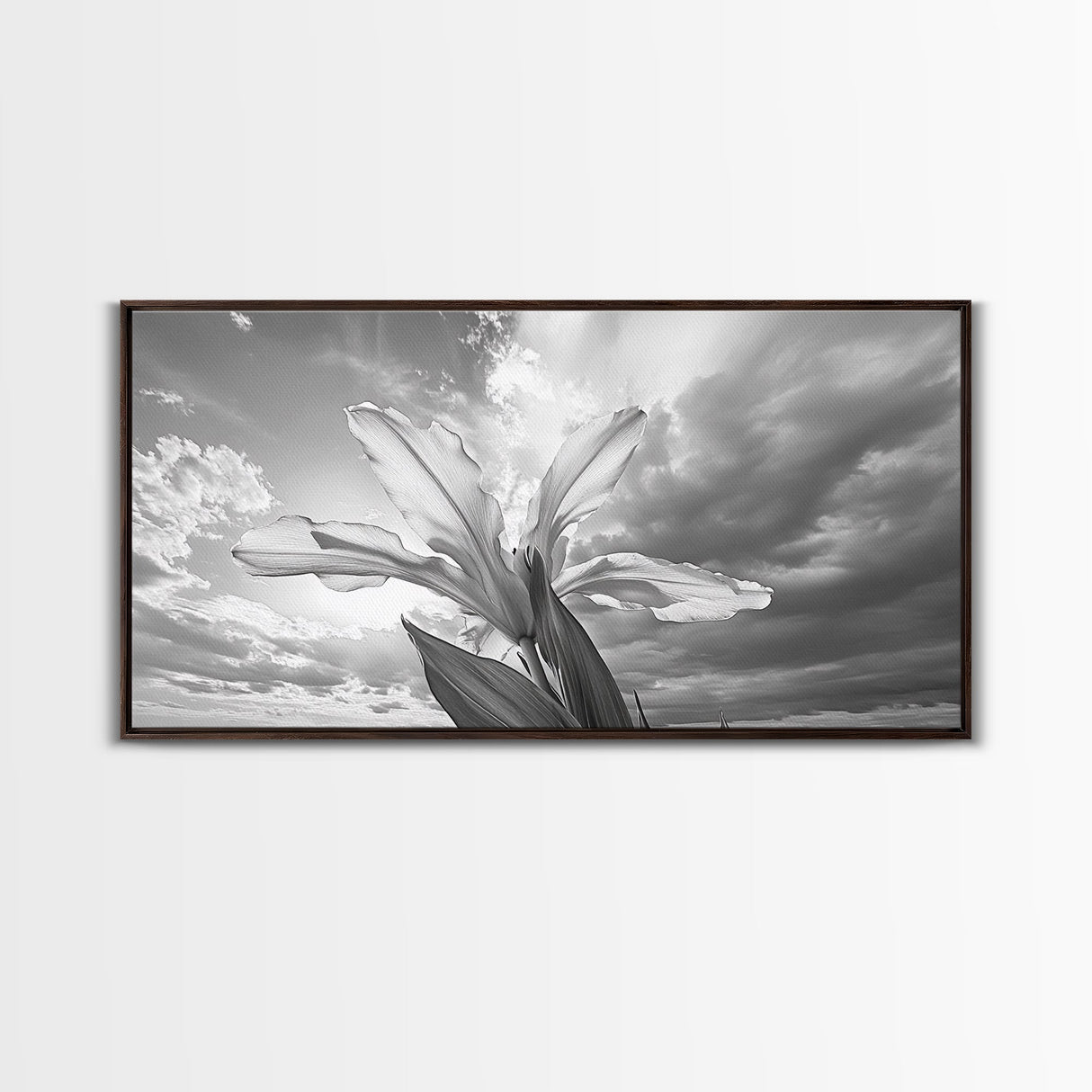 Blooming Iris, Floral Sky, Dreamy Nature, Petal Light, Framed Canvas Print, Modern Bedroom Art, Feminine Wall Art, Botanical Home Decor