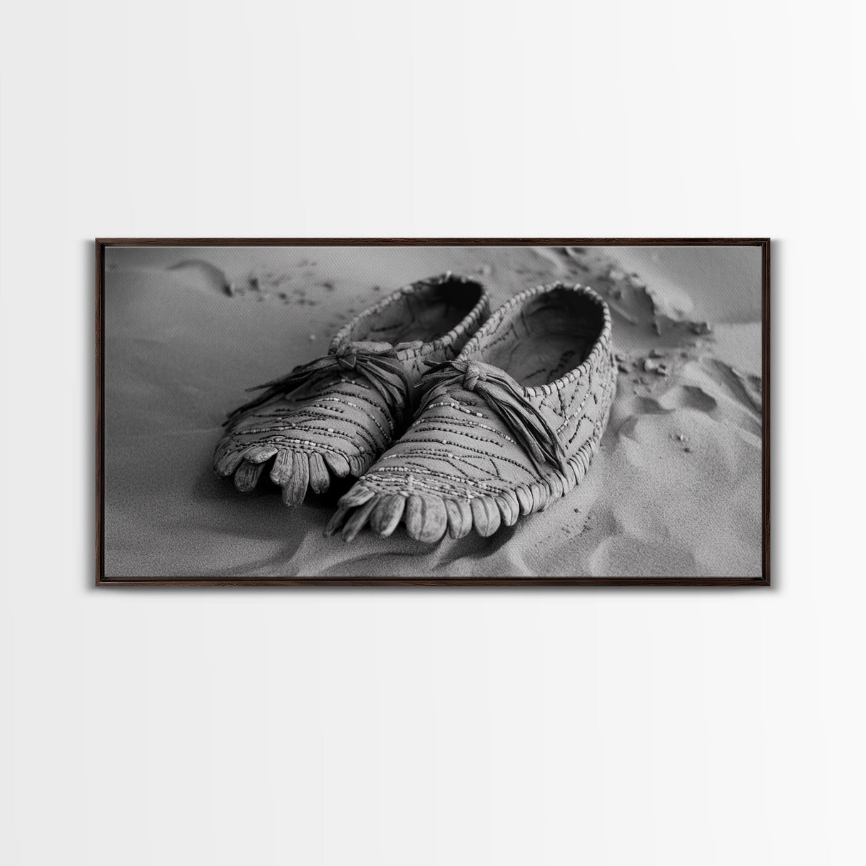 Moccasins in Sand, Rustic Footwear Art, Cultural Detail Photo, Framed Canvas Print, Boho Entryway Wall Decor, Western Minimalist