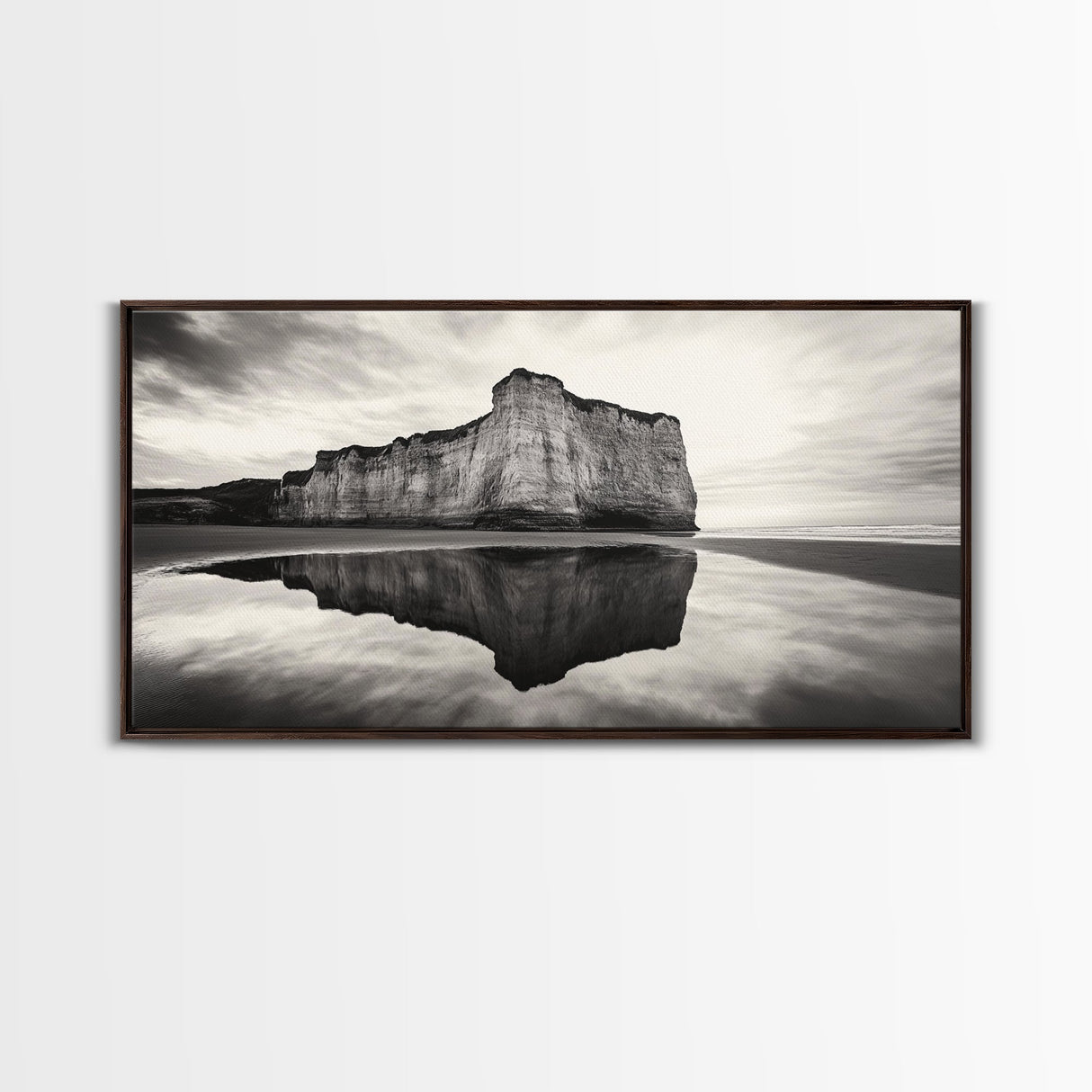Cliff Reflection, Coastal Monolith, Seashore Beauty, Sunset Vibes, Framed Canvas Print, Living Room Art, Minimalist Beach Scene