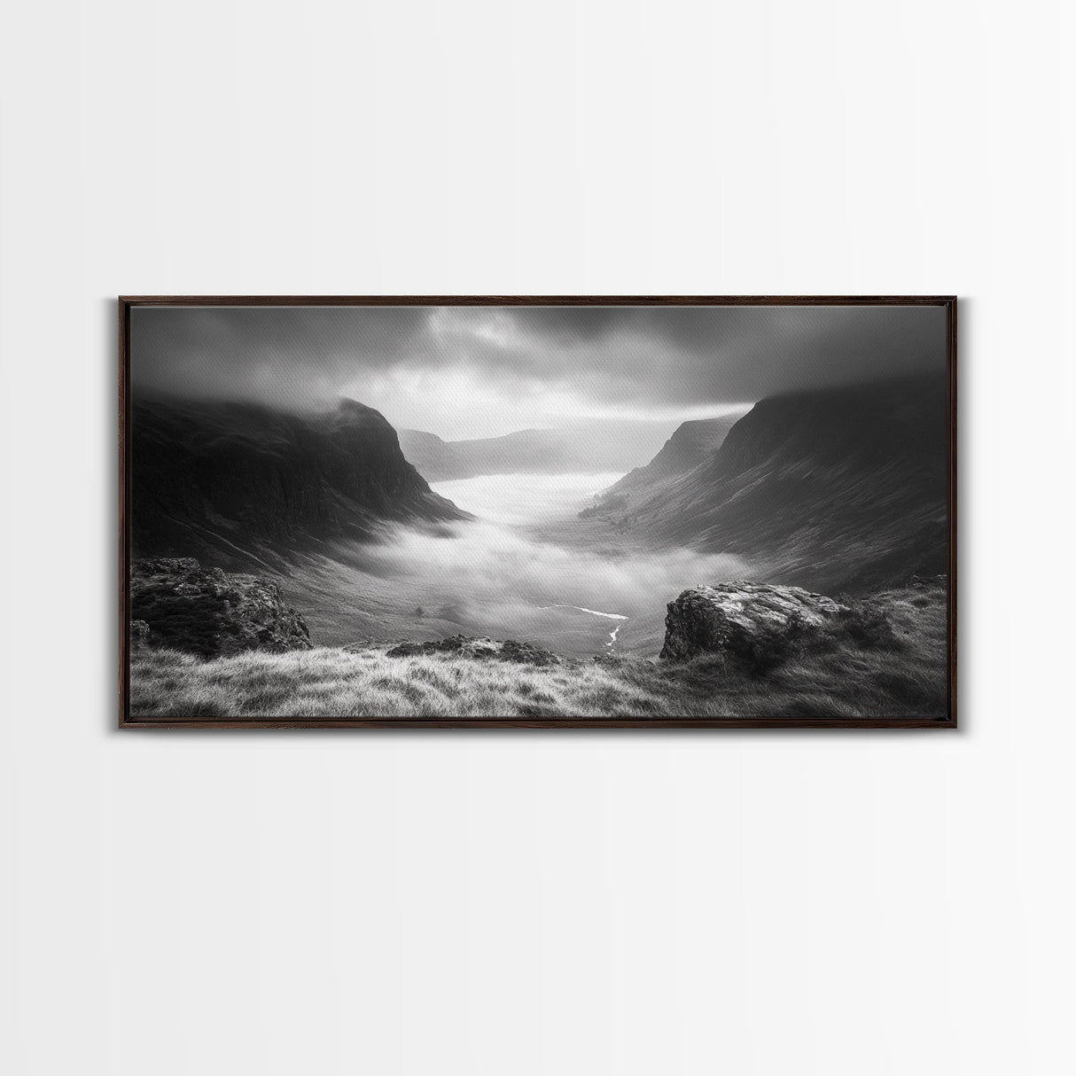 Foggy Valley, Highland Mist, Mountain View, Serene Landscape, Framed Canvas Print, Office Wall Art, Nature Escape, Zen Mountains
