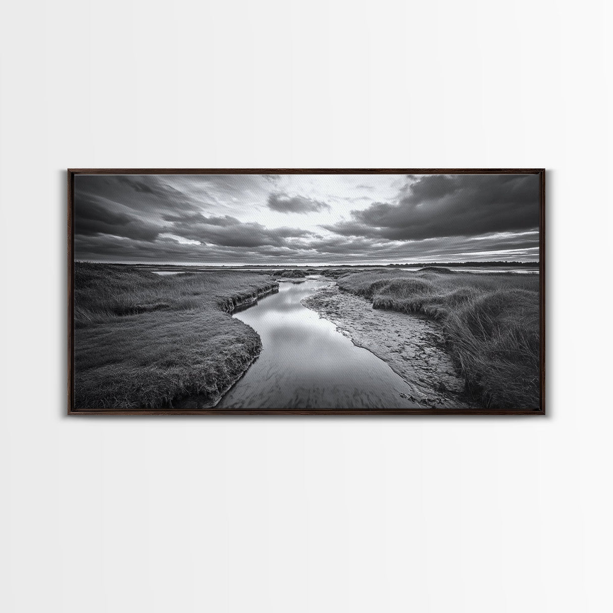 Marshland Serenity, River Flow, Cloudy Mood, Nature Calm, Framed Canvas Print, Coastal Wall Art, Bathroom Tranquil Landscape