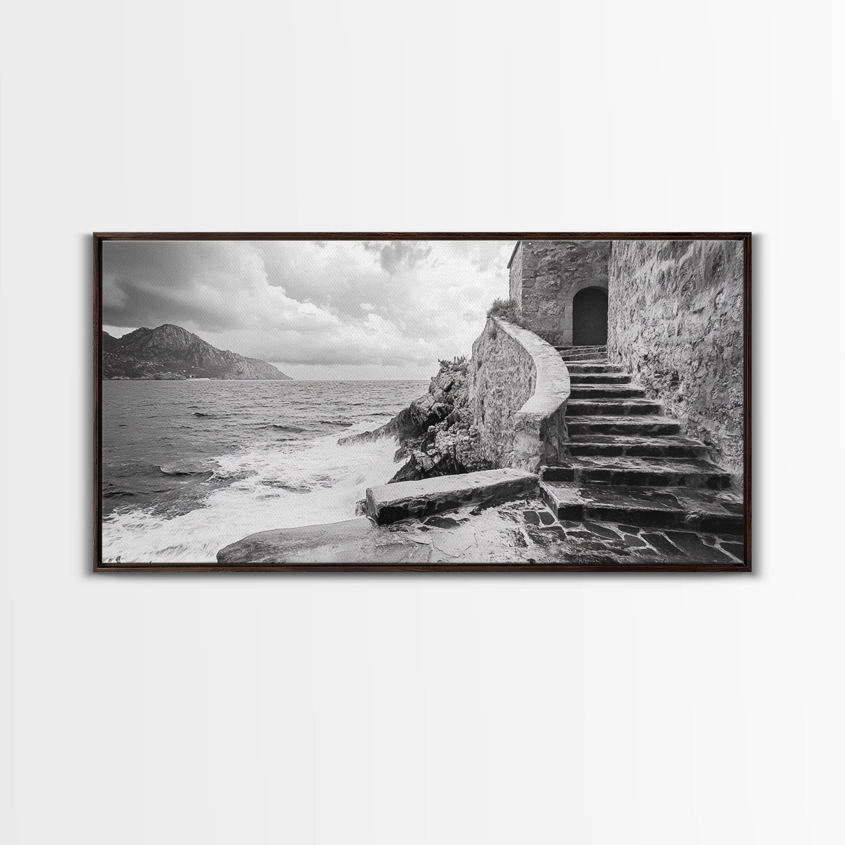 Stone Stairway, Ocean Cliff, Coastal Architecture, Mediterranean Charm, Framed Canvas Print, Rustic Wall Art, Entryway Travel Decor