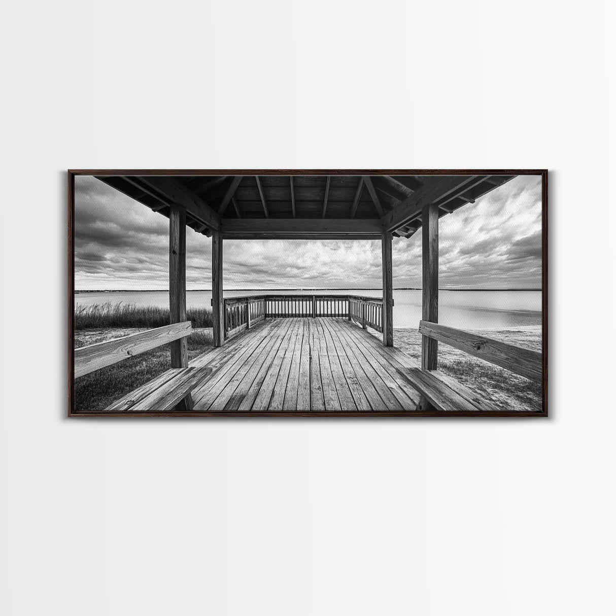 Gazebo By Water, Serene Lake View, Rustic Deck Canvas Print, Minimalist Landscape Wall Art, Neutral Bedroom, Tranquil Home Decor