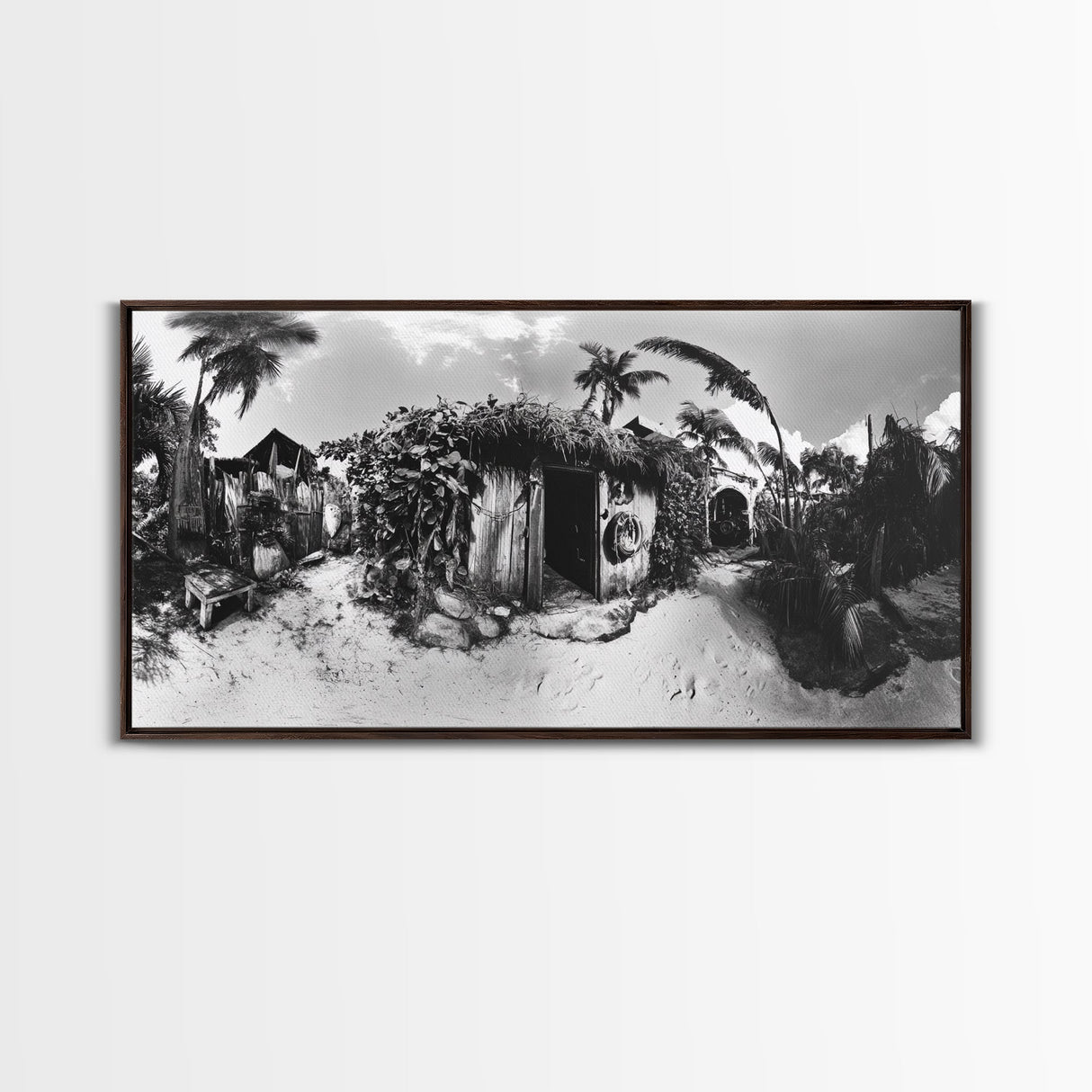Tropical Beach Shack, Rustic Coastal Decor, Island Vibes, Palm Tree Jungle, Framed Canvas Print, Boho Living Room Wall Art