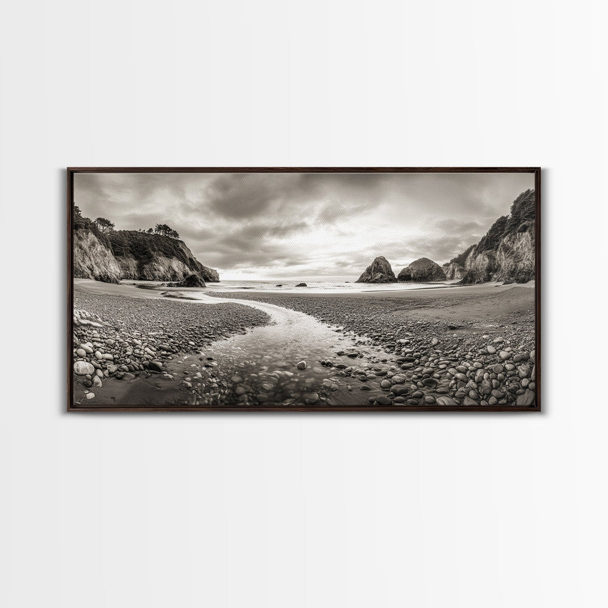 Coastal Pebble Beach, Pacific Shoreline, Serene Nature Landscape, Framed Canvas Print, Neutral Bedroom or Fall Living Room Wall Art