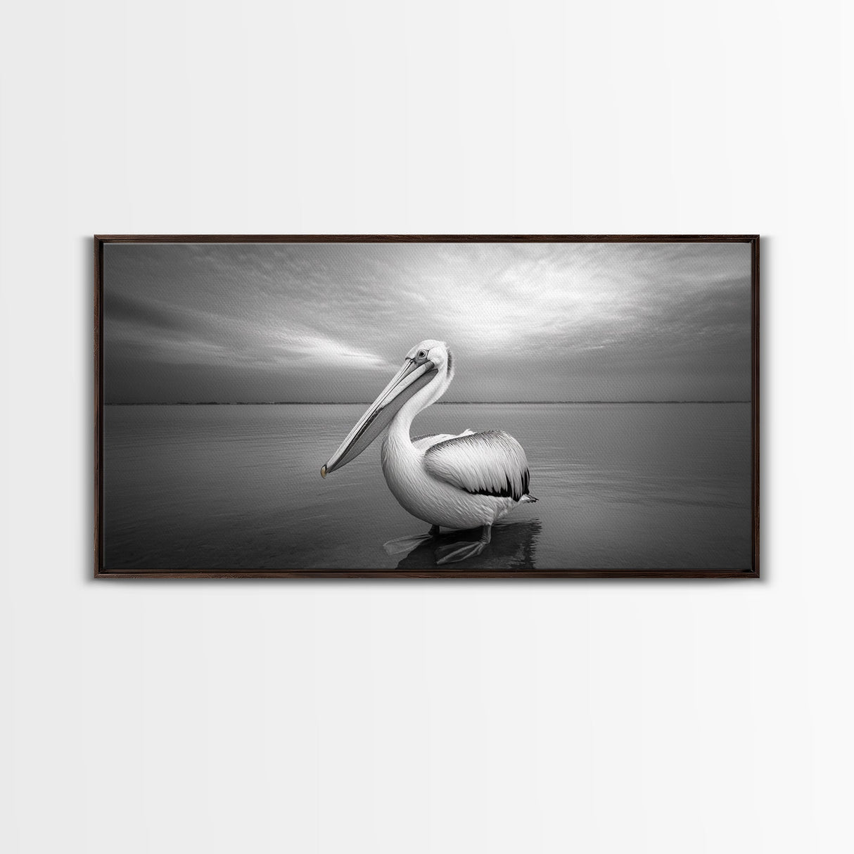 Ocean Pelican, Peaceful Bird Portrait, Coastal Wildlife Art, Framed Canvas Print, Minimalist Entryway or Beach House Wall Art