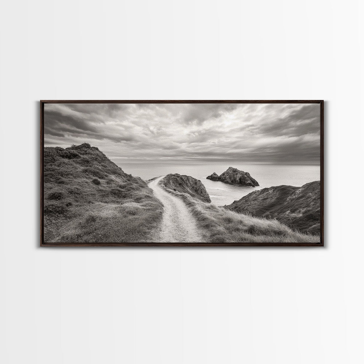 Coastal Cliff Path, Ocean View Trail, Windswept Grass Art, Seaside Wall Decor, Framed Canvas Print, Bedroom Art, Nature Lover Gift