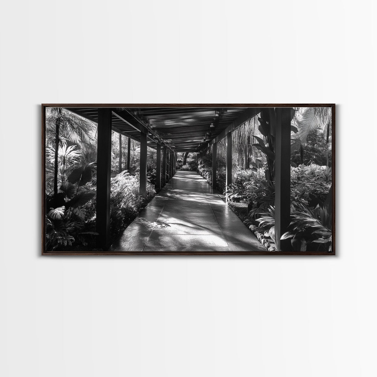 Serene Garden Pathway, Nature Tunnel Walk, Tropical Jungle Scene, Framed Canvas Print, Minimalist Art, Living Room Wall Decor