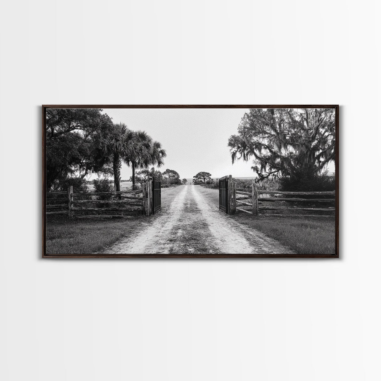 Rustic Gate Trail, Southern Country Road, Tree-Lined Entry, Framed Canvas Print, Farmhouse Style, Entryway or Office Wall Art