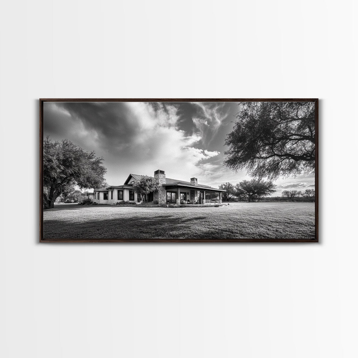 Southwestern Ranch Home, Texas House Scene, Peaceful Rural Living, Framed Canvas Print, Rustic Landscape Art, Living Room Decor