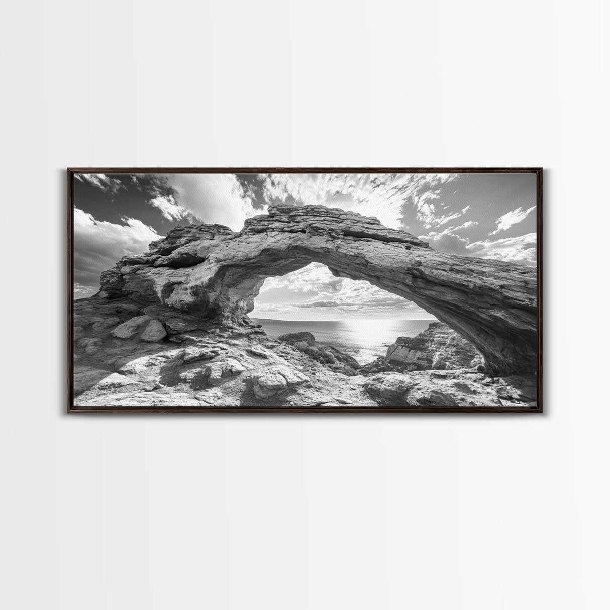 Natural Rock Arch, Seaside Cliff View, Desert Coastal Window, Framed Canvas Print, Boho Earth Tones, Living Room Wall Decor