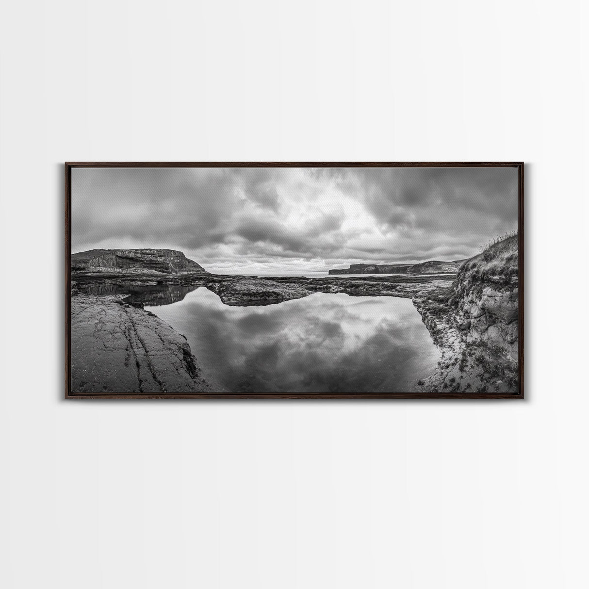 Reflected Cliffs, Stormy Sky, Coastal View, Dramatic Landscape, Canvas Print, minimalist art, office decor, moody black and white wall art