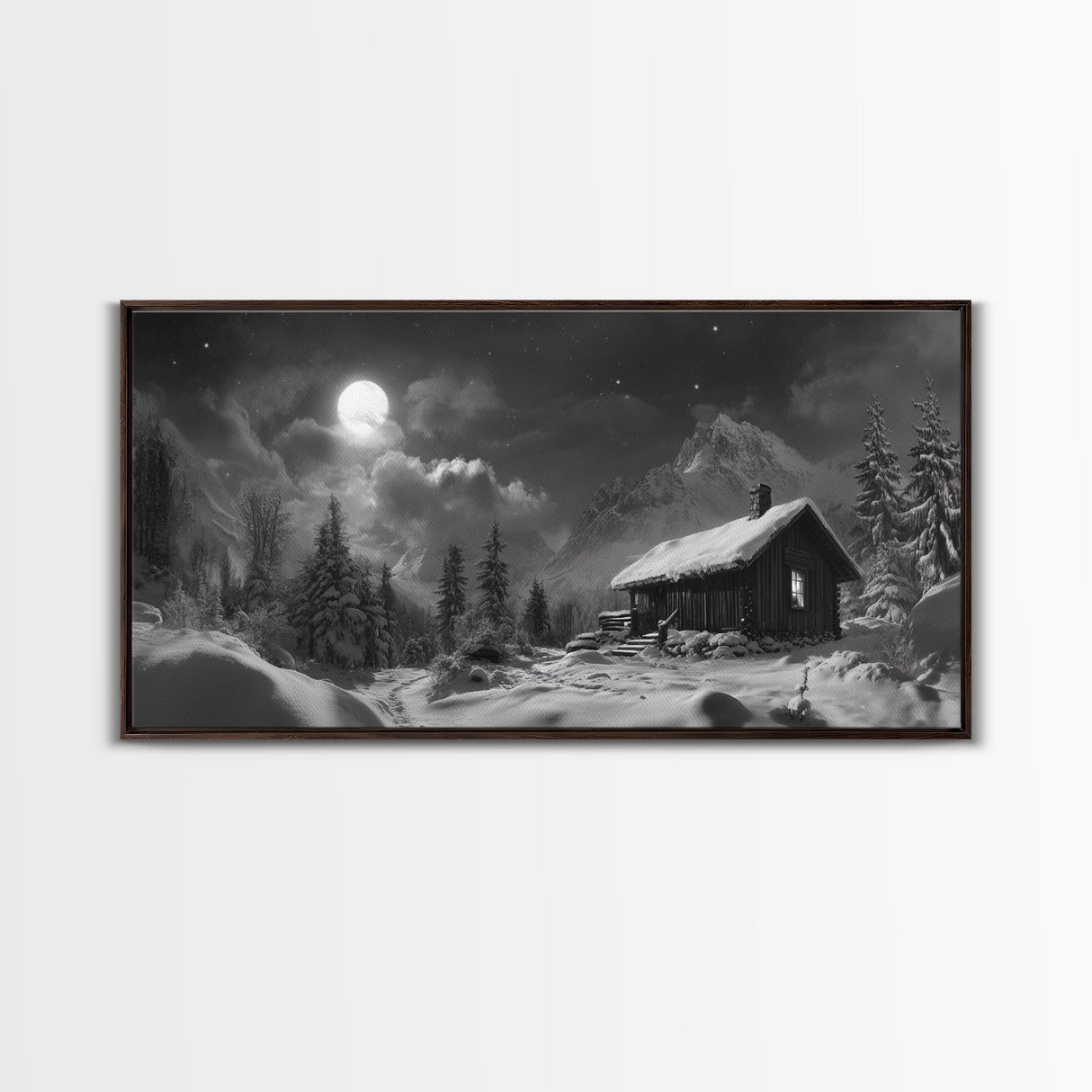 Snowy Cabin, Winter Night, Starry Sky, Cozy Mountain Scene, Framed Canvas Print, rustic lodge decor, Christmas art, bedroom wall print