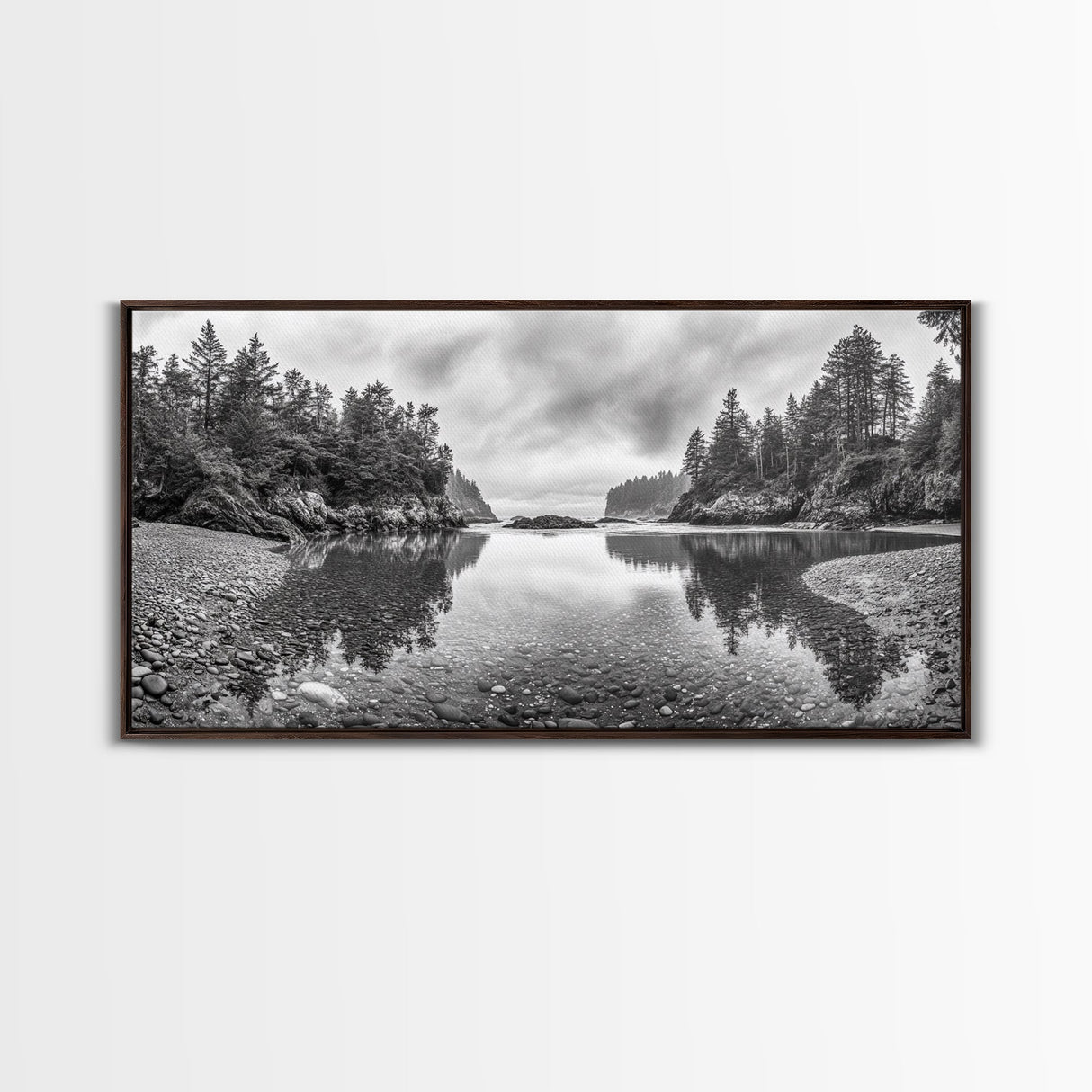 Forest Shoreline, Pebble Beach, Misty Inlet, Calm Waters, Canvas Print, natural modern art, neutral palette, living room wall decor