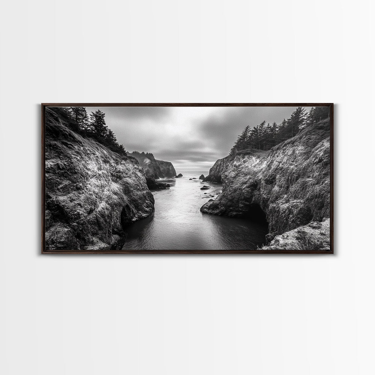 Ocean Passage, Cliff Channel, Rugged Coast, Forest Horizon, Canvas Print, dramatic nature art, large wall piece, hallway landscape art