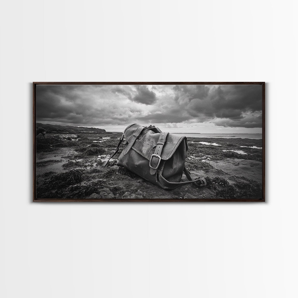 Abandoned Satchel, Coastal Mystery Art, Lost and Found Decor, Moody Beach Scene, Canvas Print, Study Wall Art, Nautical Rustic Aesthetic