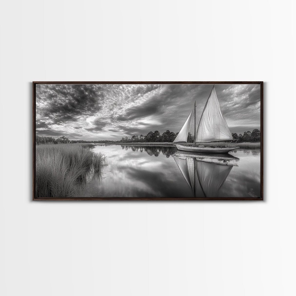 Sailboat Reflection, Tranquil River, Nautical Scene, Black White, Framed Canvas Print, Coastal Decor, Beach House Wall Art, Ocean Minimalism