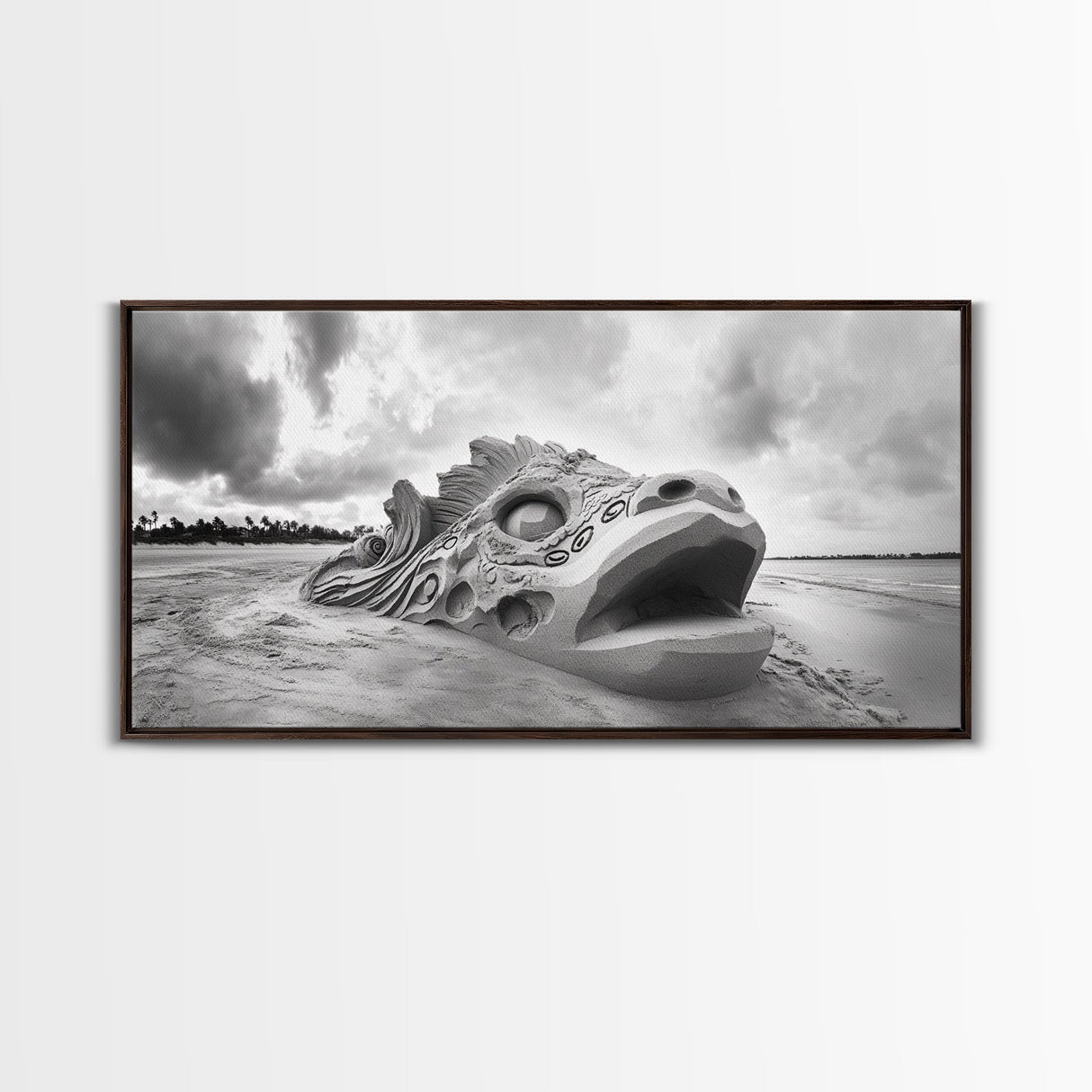 Dragon Head Sculpture, Beach Sand Art, Mythical Creature Decor, Fantasy Vibes, Framed Canvas Print, Game Room Wall Art, Office Wall Art