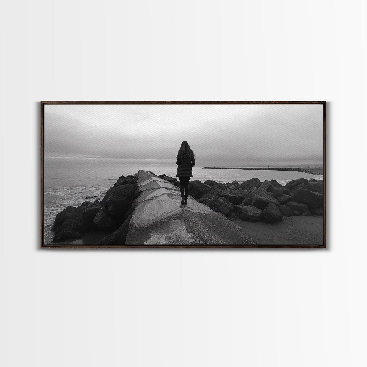 Woman Walking, Jetty View, Seaside Mood, Solitude Moment, Framed Canvas Print, Moody Wall Art, Bedroom Meditation Decor, Boho Decor