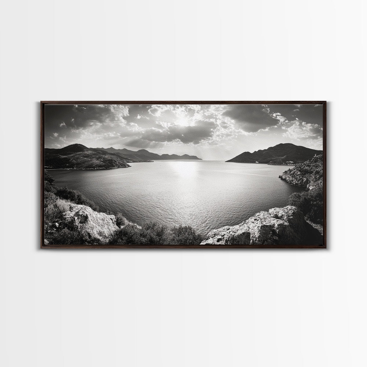 Ocean Sunset View, Mountain Coast Landscape, Black and White Art, Canvas Print, Minimalist Decor, Living Room Wall Art, Tranquil Home Style