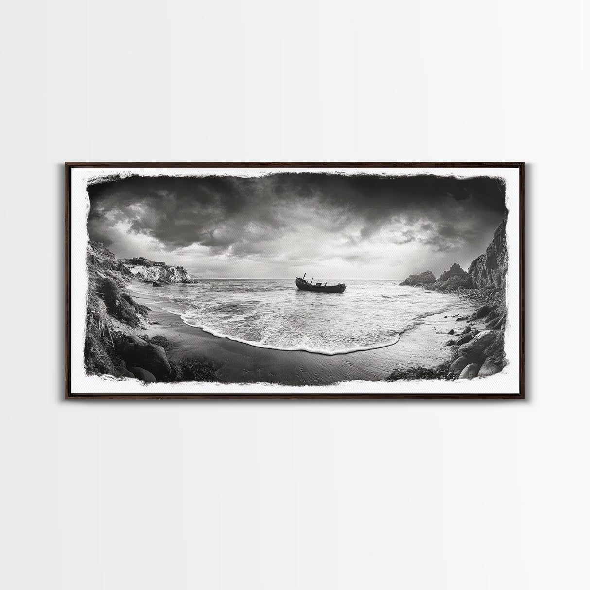 Shipwreck Beach Scene, Dramatic Coastline, Black and White Decor, Framed Canvas Print, Moody Art, Coastal Wall Art, Rustic Bedroom Print