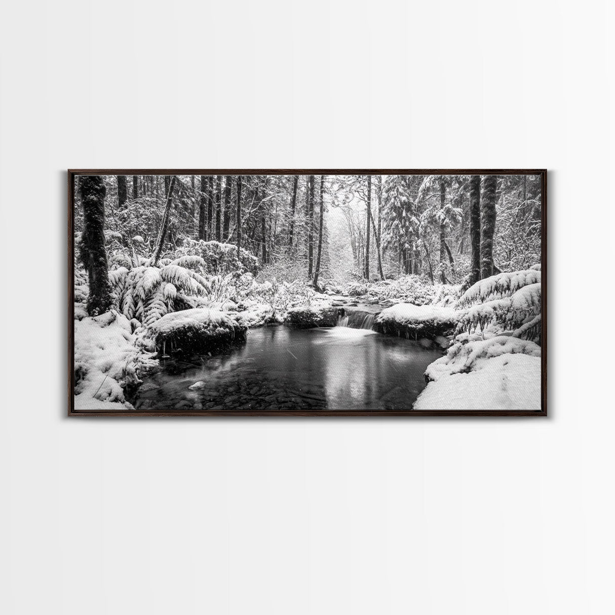 Winter Forest Creek, Snow Covered Trees, Black and White Tranquil Art, Canvas Print, Holiday Wall Art, Nature Lover Gift, Cozy Vibe