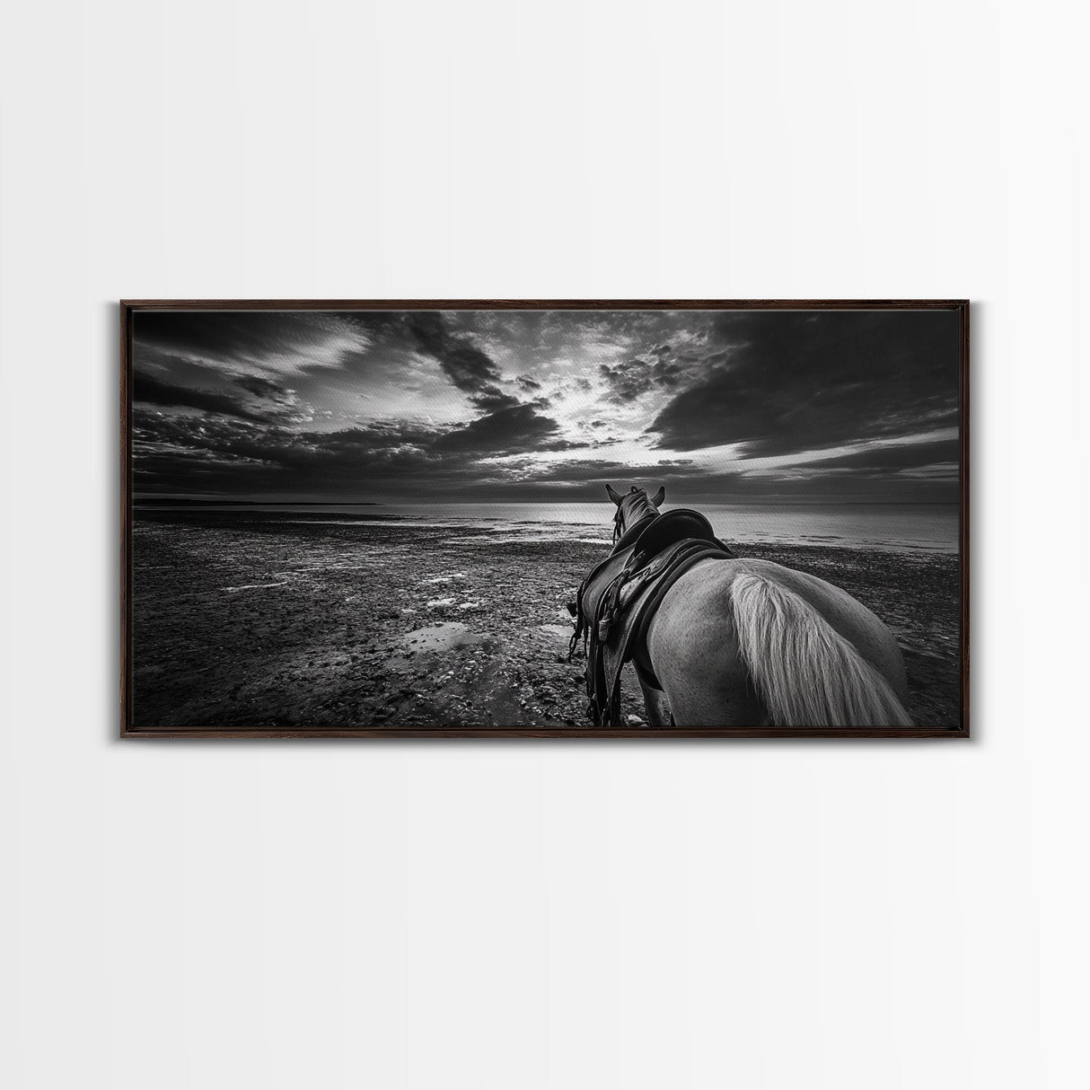 Horseback Beach, Sunset Ride, Equestrian Art, Moody Horizon Scene, Canvas Print, Cowboy Country Decor, Rustic Living Room Wall Art