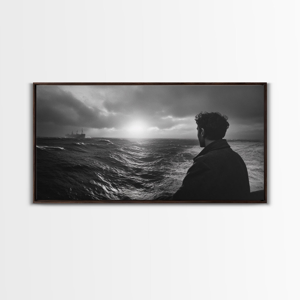 Man Watching Sea, Stormy Ocean View, Emotional Scene, Canvas Print, Moody Coastal Decor, Office Wall Art, Nautical Monochrome Style