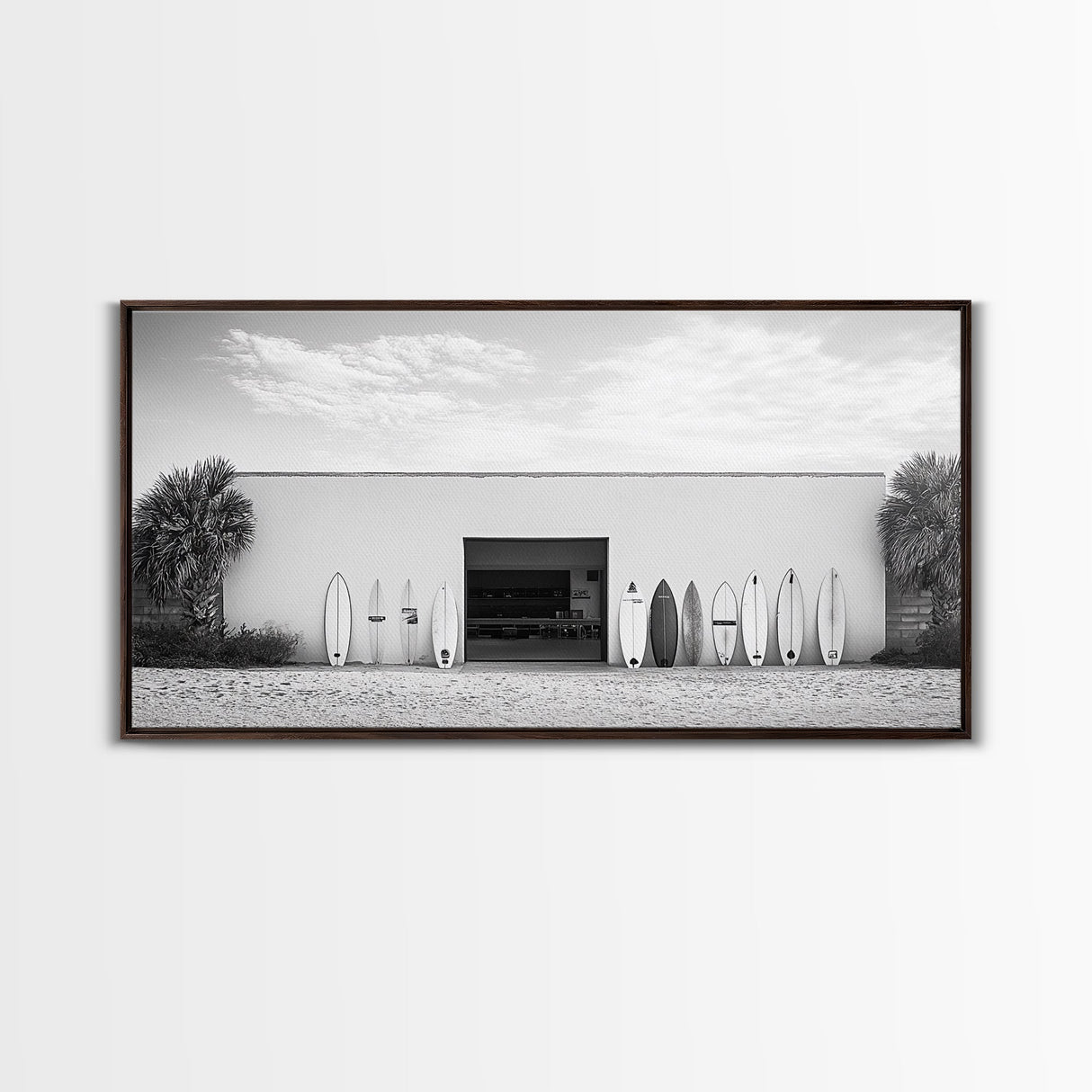 Surfboards, Beach Garage, Modern Coastal, Ocean Style, Framed Canvas Print, surf shack decor, teen room wall art, minimalist beach art