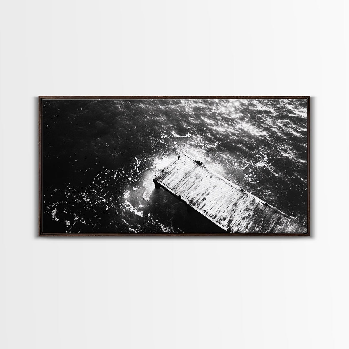 Weathered Dock, Water Reflections, Ocean Edge, Moody Texture, Framed Canvas Print, masculine office decor, minimalist lakehouse art