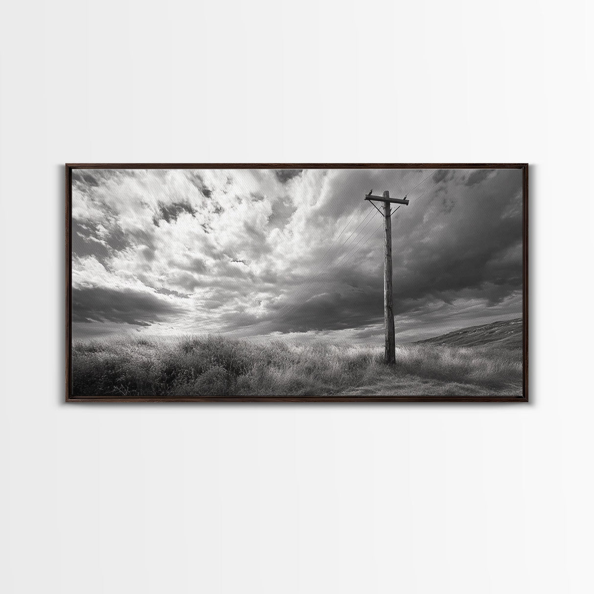Power Pole, Rural Landscape, Stormy Sky, Country Calm, Framed Canvas Print, farmhouse entryway wall art, rustic black and white print