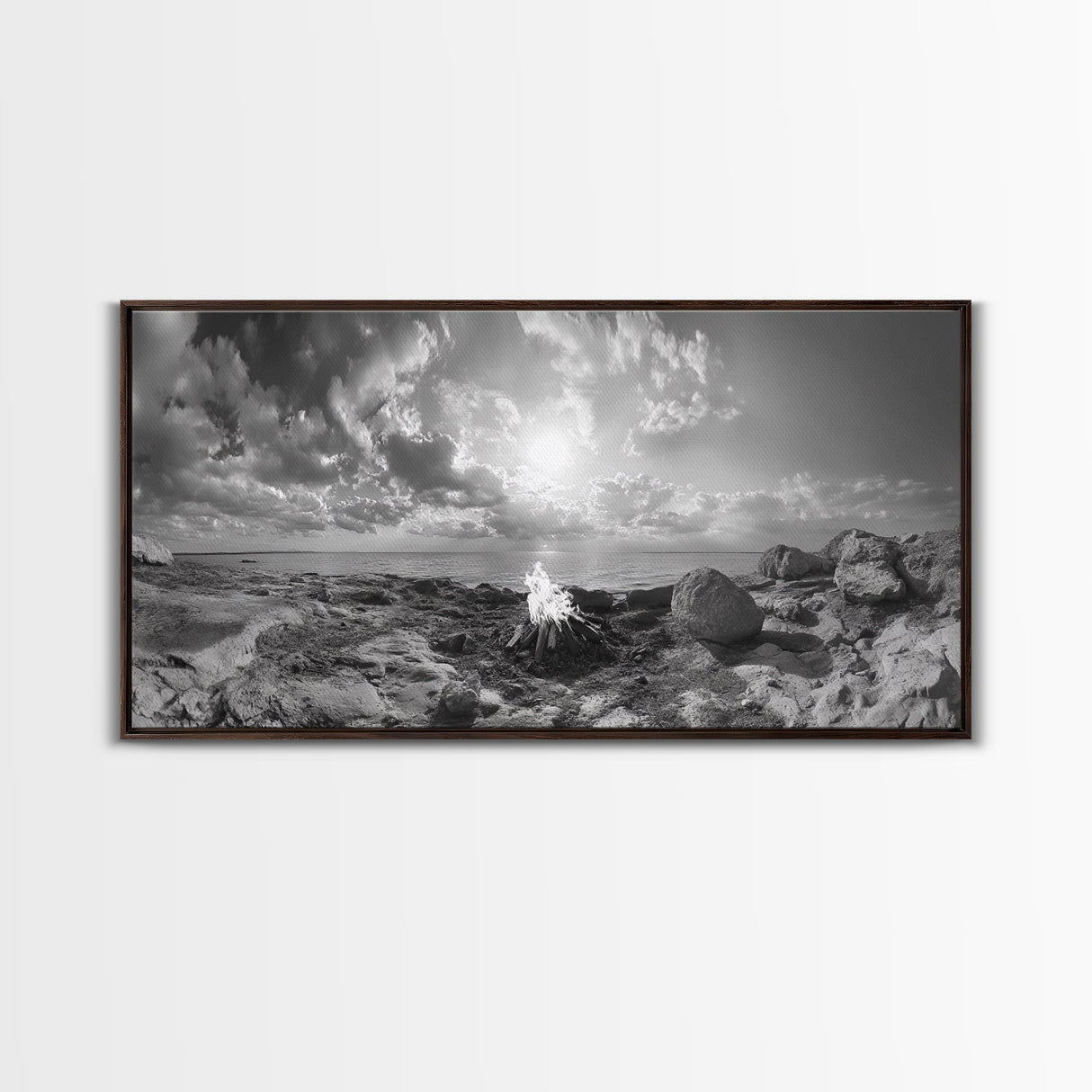Coastal Campfire, Ocean Sunset, Rocky Shore, Bonfire Glow, Canvas Print, Nature Wall Art, Autumn Cabin Decor, Outdoor Retreat Style