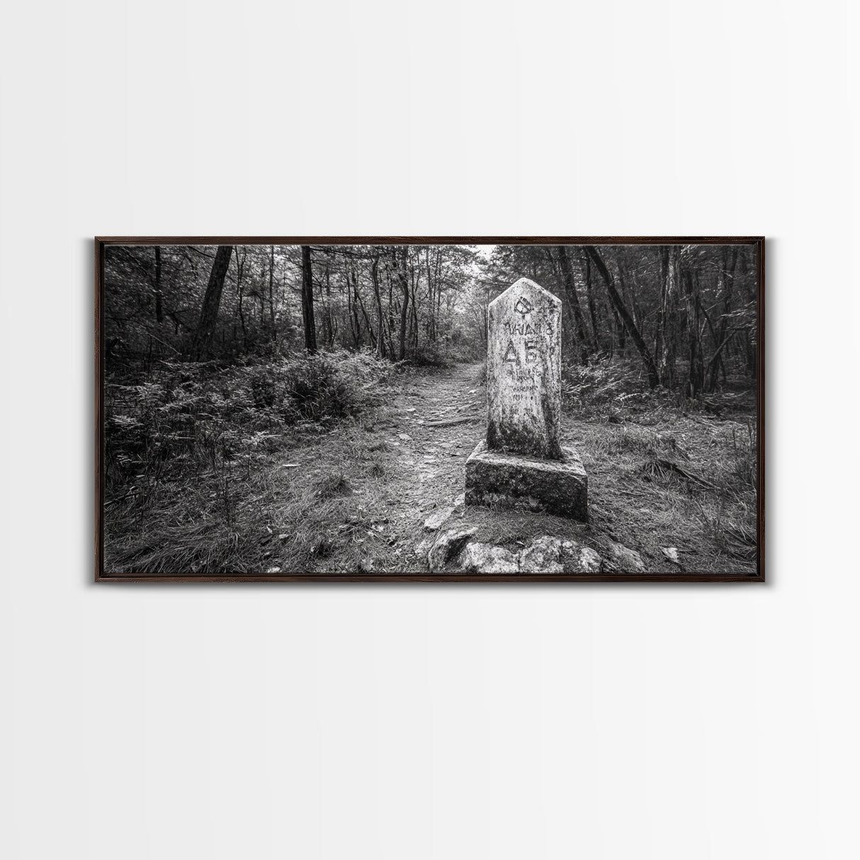 Forest Trail, Stone Marker, Ancient Symbol, Misty Pathway, Framed Canvas Print, cabin decor, woodland art, Autumn wall print, rustic charm