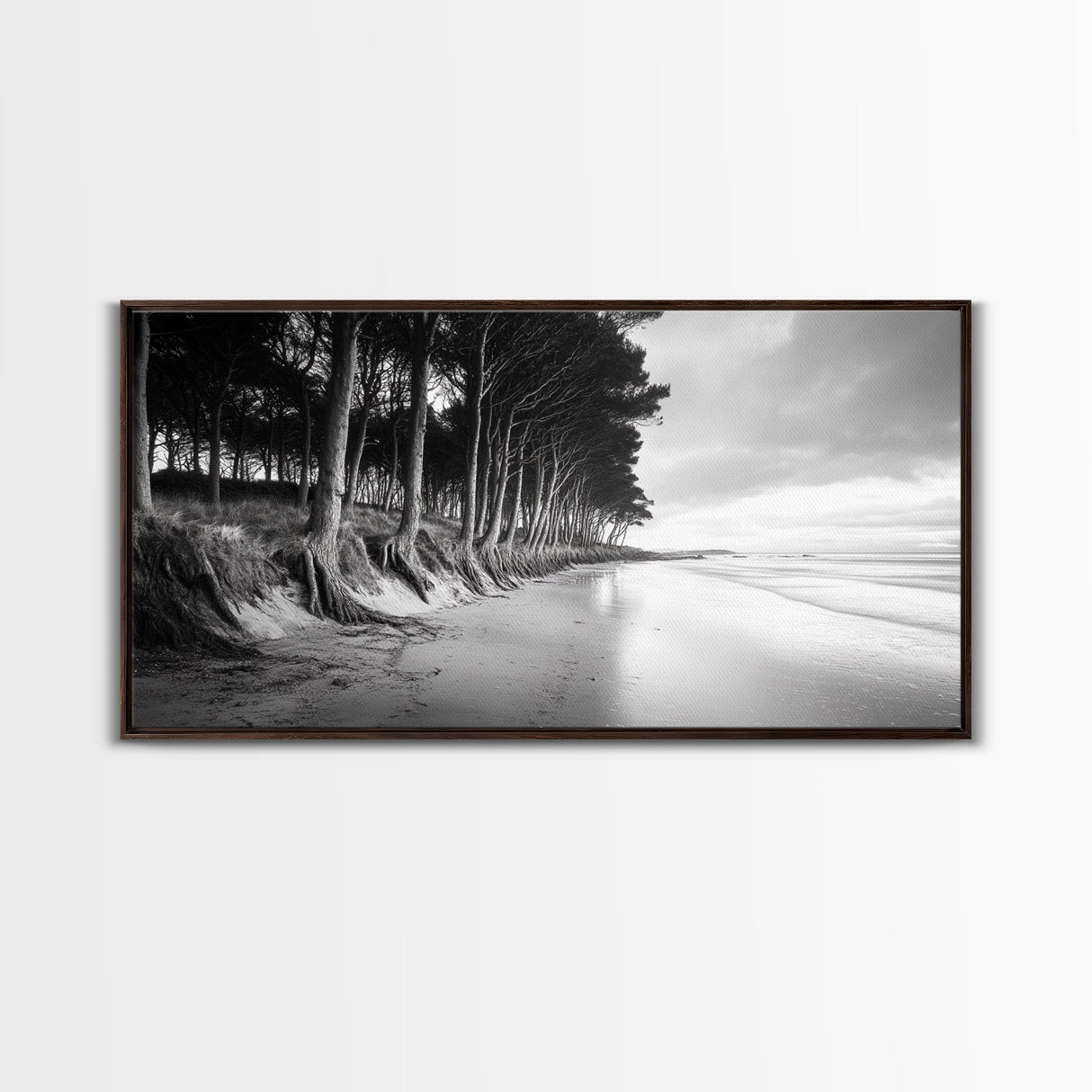 Pine Trees, Sandy Beach, Coastal Serenity, Driftwood Shore, Framed Canvas Print, neutral wall art, coastal rustic style, entryway landscape