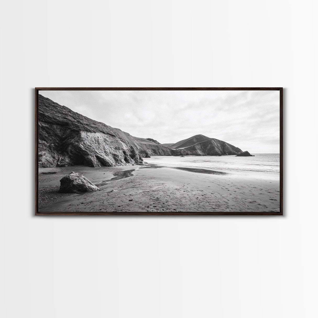 Coastal Cliffs, Ocean Shore, Scenic Beach, Framed Canvas Print, Nature Photography, Bathroom Wall Art, Neutral Tones, Coastal Home Decor