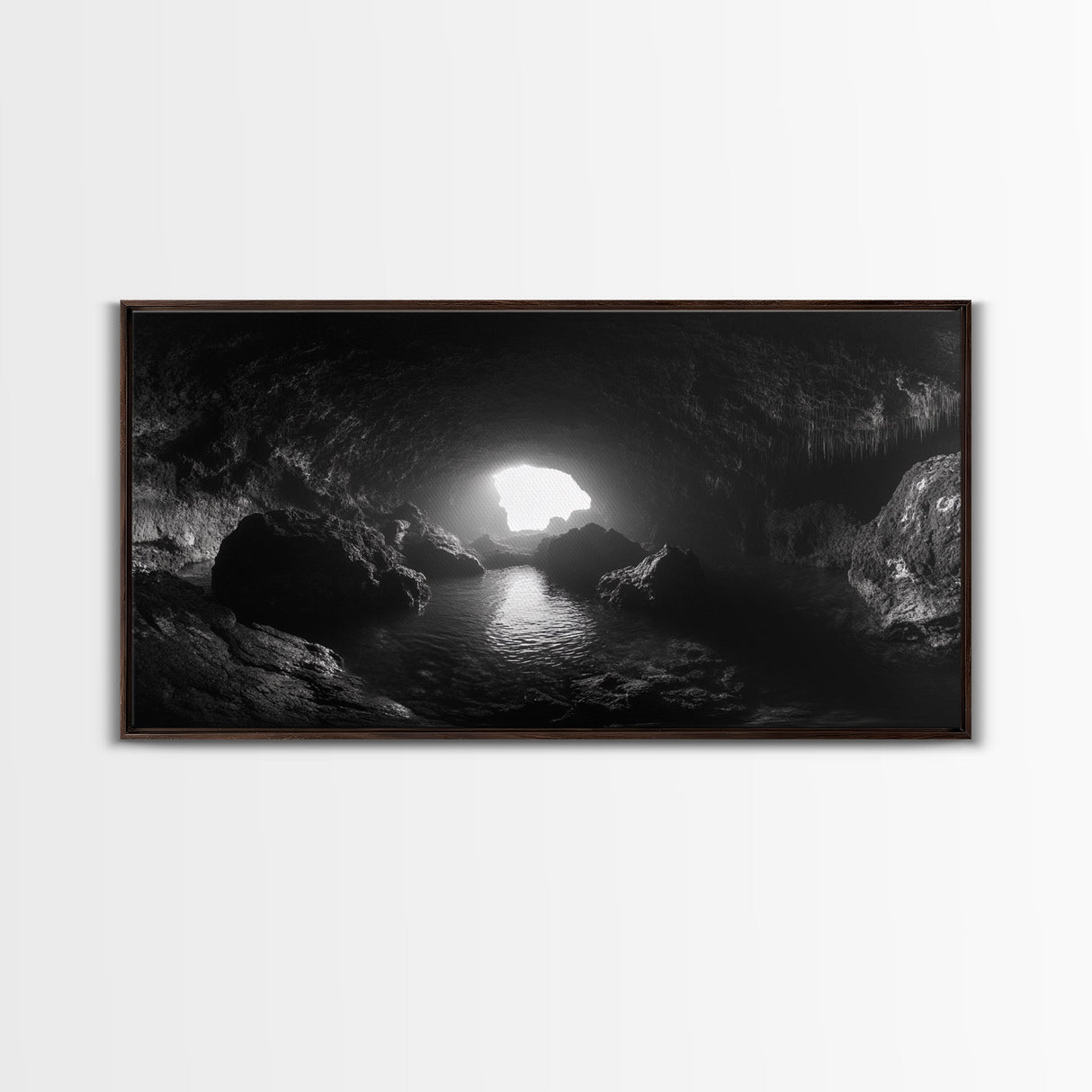Sea Cave, Dark Ocean Cave, Natural Light Glow, Framed Canvas Print, Moody Nature Art, Living Room Wall Art, Monochrome Coastal Print