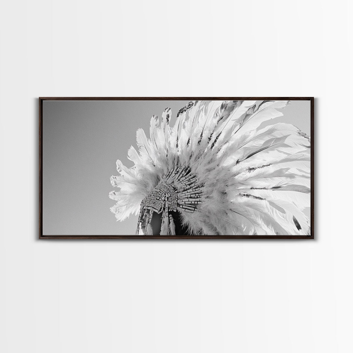 Native Headdress, Feather Crown, Cultural Tribute, Canvas Print, Boho Tribal Decor, Bedroom Wall Art, Monochrome Indigenous Style