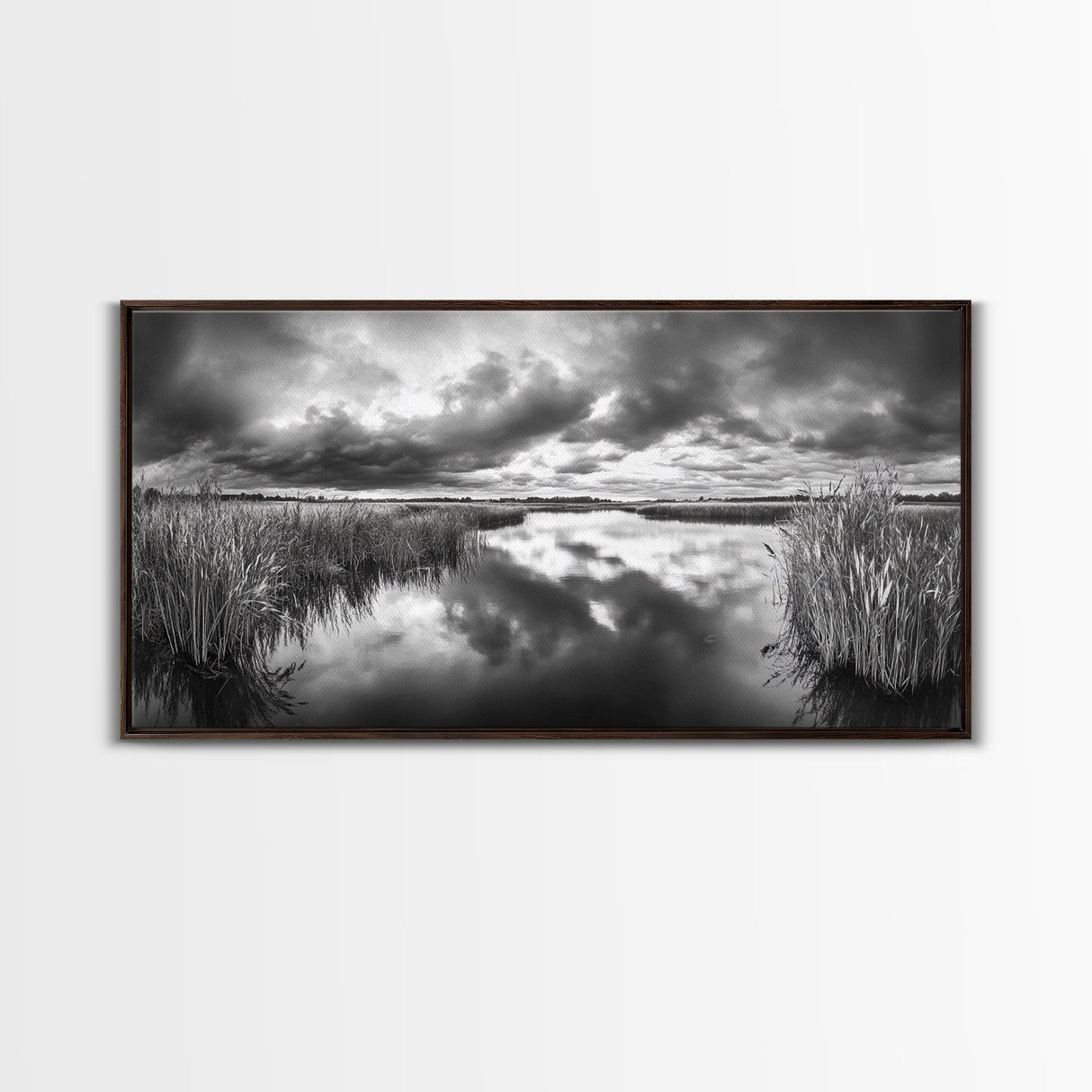 Stormy Marsh, Cloudy Sky, River Reflection, Framed Canvas Print, Nature Wall Art, Moody Landscape, Autumn Decor, Office Or Study Artwork